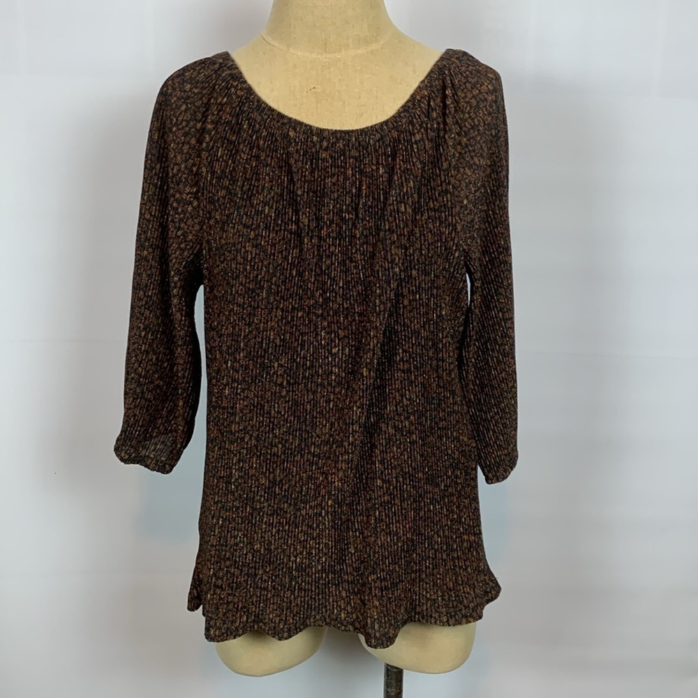Soft Surroundings brown w/ metallic accents double layer micro pleated top, Sml